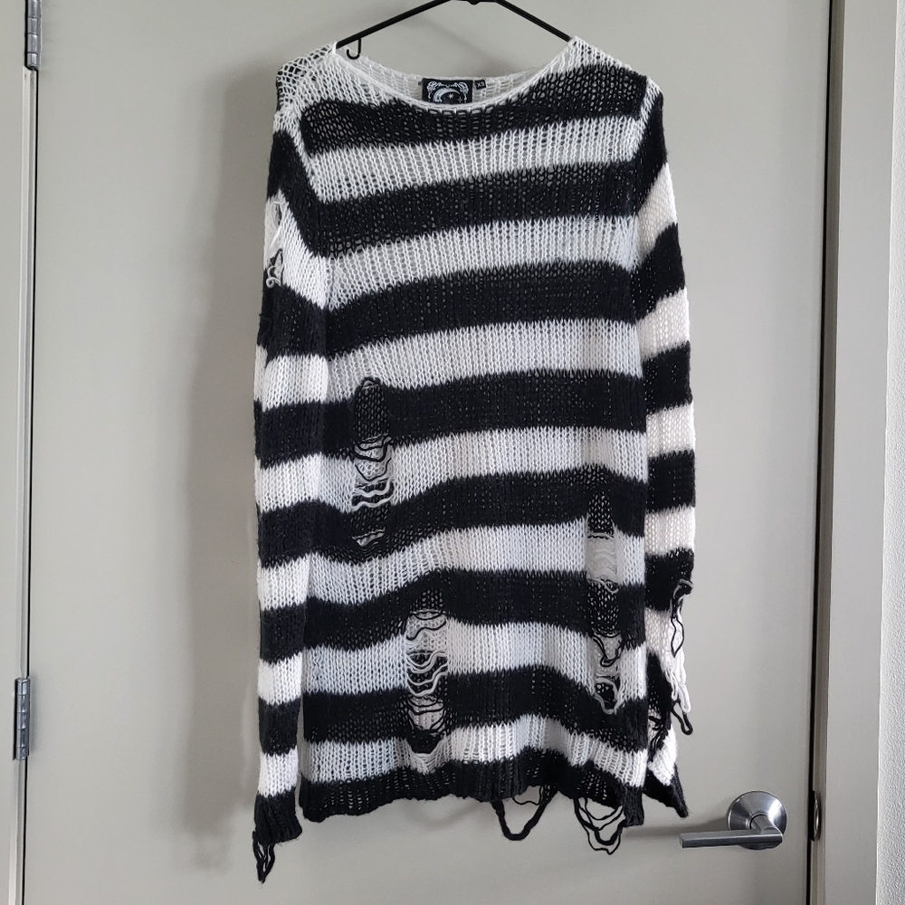 Killstar Pugsley Distressed Sweater black and white striped XS